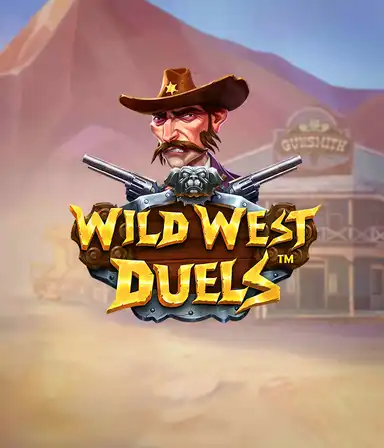 Иллюстрация игрового автомата "Wild West Duels" от Pragmatic Play, где изображён храбрый ковбой с двумя пистолетами. На заднем плане нарисована пустынная местность с типичным салуном. Идеально подходит для поклонников жанра вестерн и азартных игр.